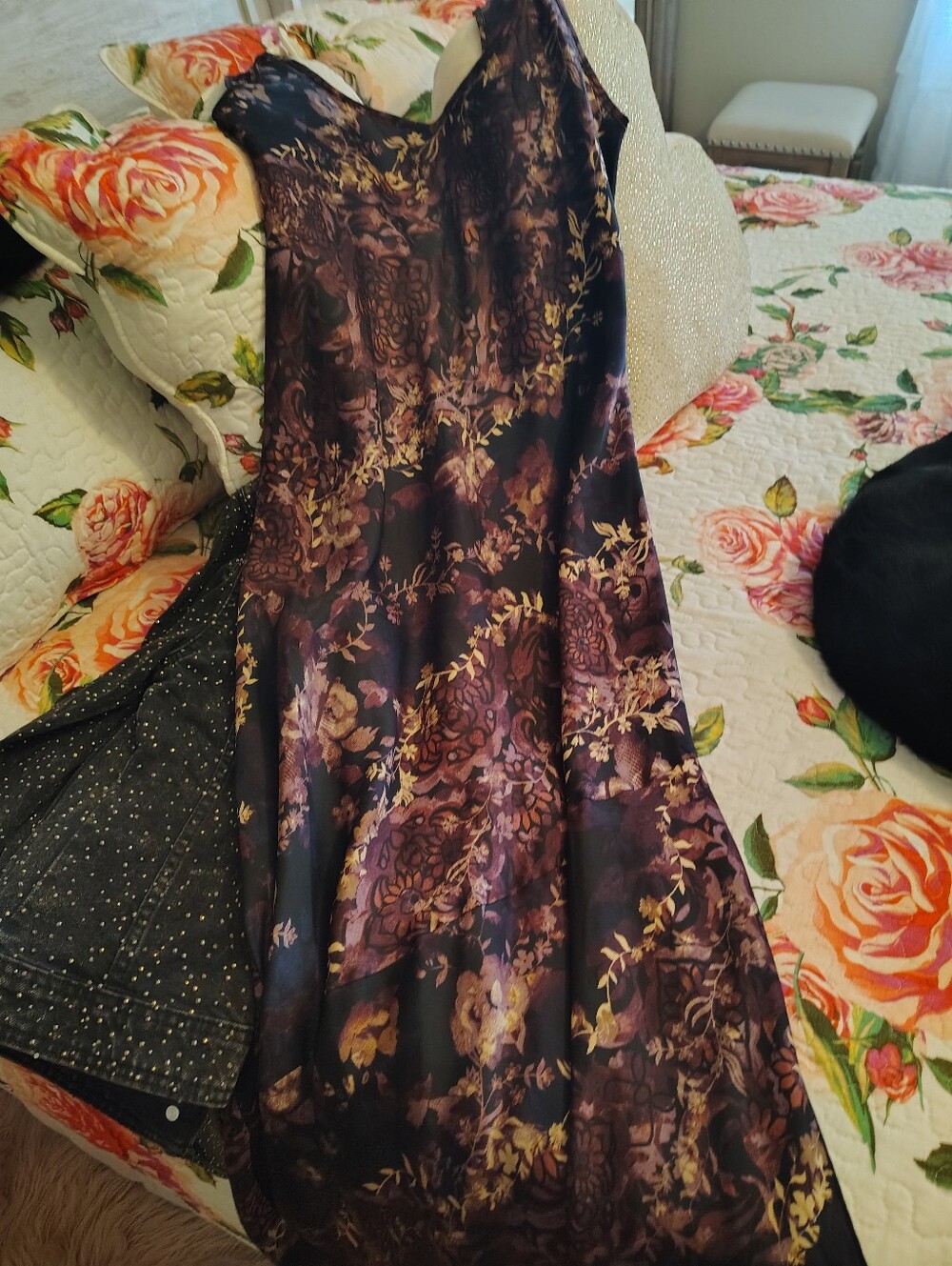 Free People Floral Satin Slip Dress - Purple & Gold